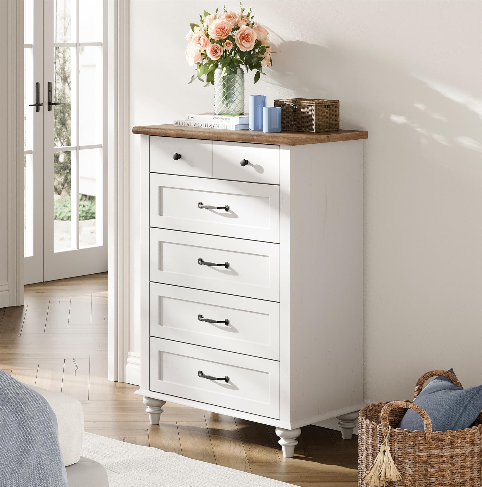 WAMPAT 2-Piece Bedroom Furniture Set - 5-Drawer Tall Dresser & Nightstand with USB Charging Station, Storage Cabinet - Modern Bedroom Dresser Set in Off White - Perfect for Small Spaces, Apartments & Guest Rooms