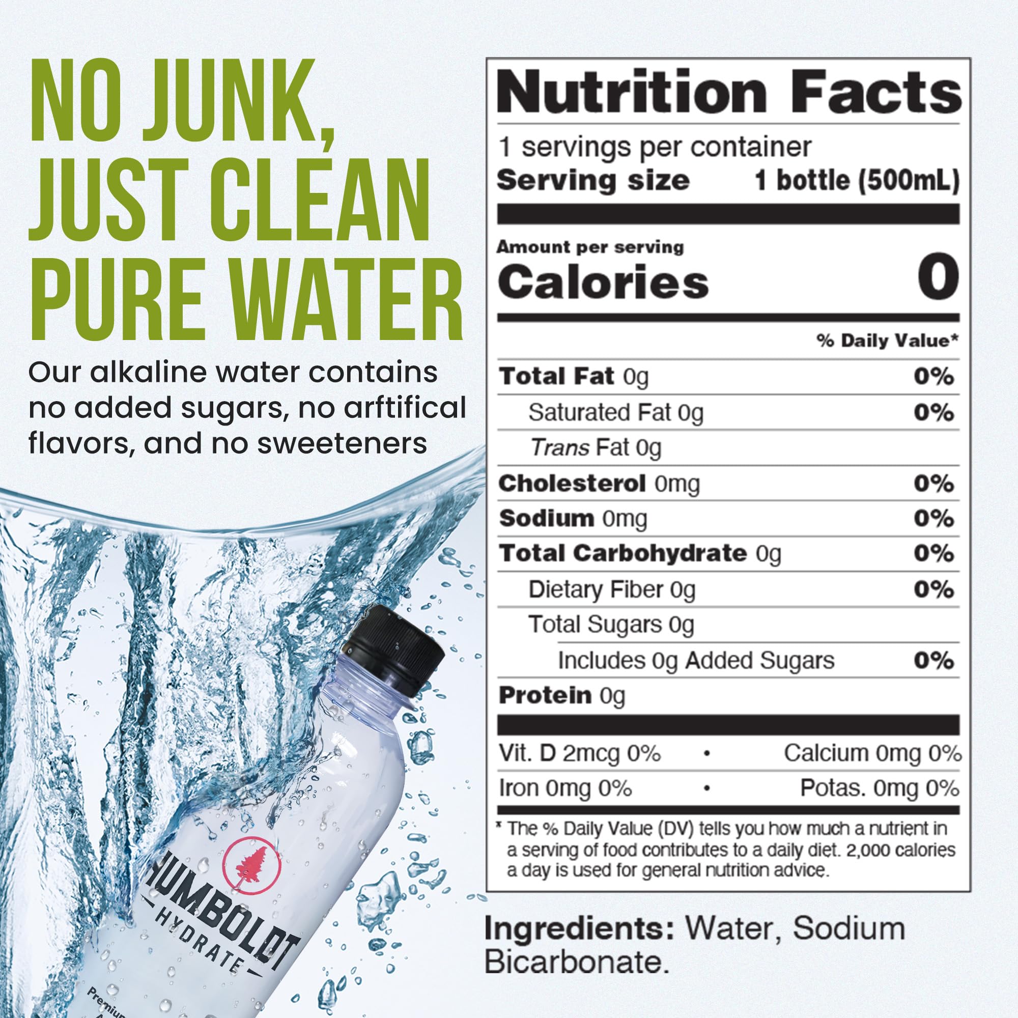 Humboldt Hydrate Alkaline Water 12 Pack - 16.9 FL OZ (500ML) BPA-Free Bottles with Electrolytes, 8+ pH for Smooth Clean Taste | Ionized, 99.9% Pure | Perfect for Hydration, Workouts & Daily Wellness