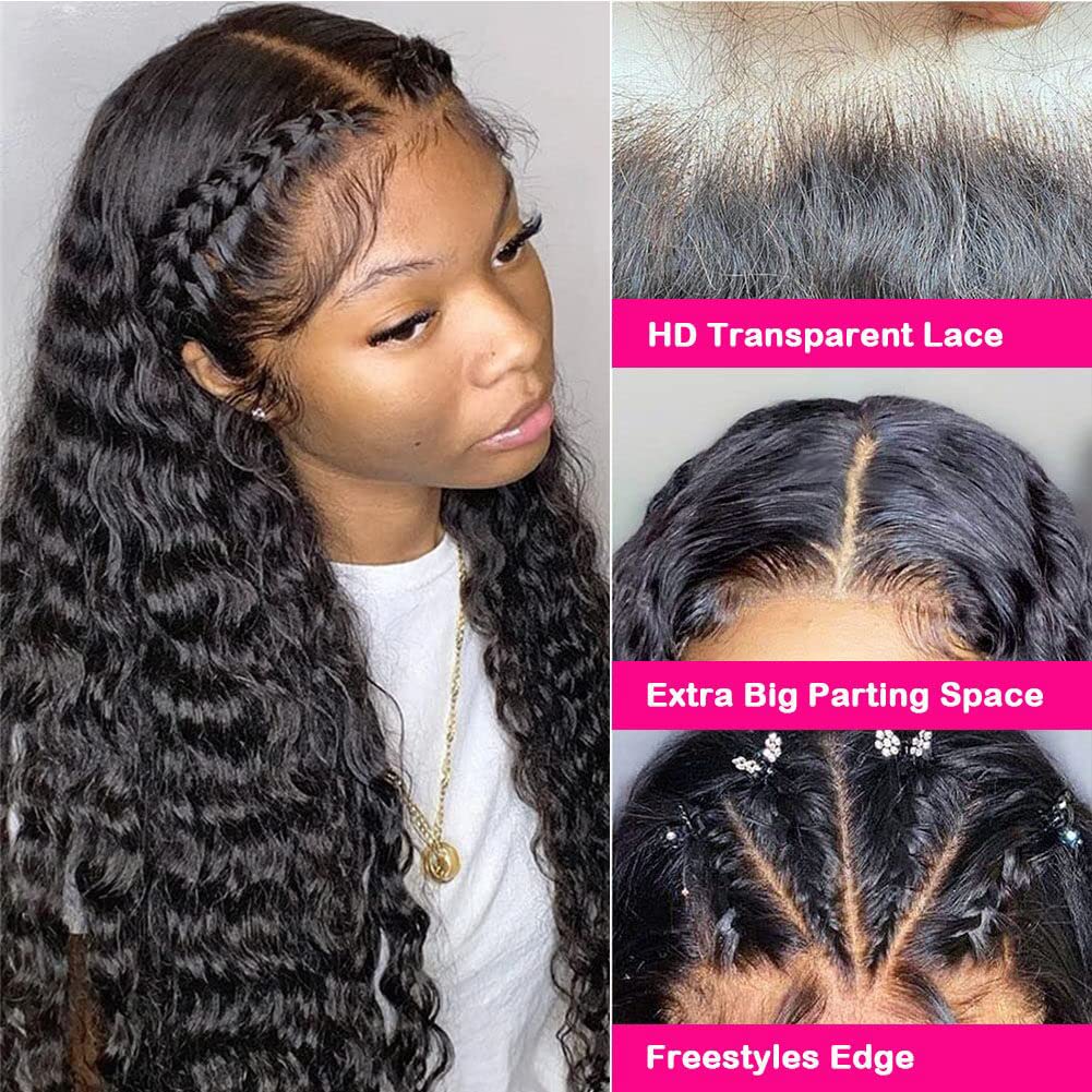 HD Transparent Lace Front Wigs Human Hair Water Wave 13x4 Lace Frontal Wigs for Women | Brazilian Deep Wave Human Hair Wigs with Baby Hair & Pre-Plucked Natural Hairline | 180% Density 26 Inch | Perfect for Daily Wear, Cosplay, Weddings & Special Occasions