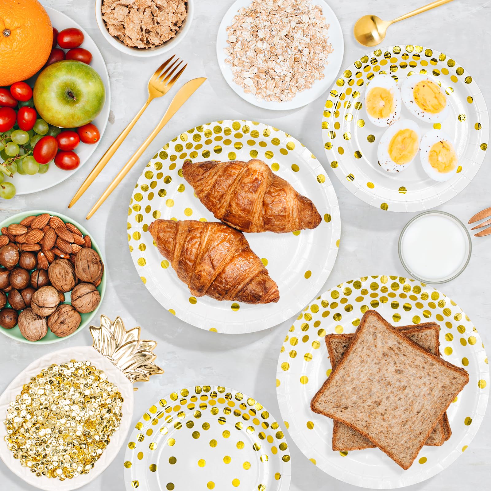DYLIVeS 80 Count White and Gold Paper Plates - 9 Inch Metallic Foil Polka Dot Disposable Party Plates for Desserts, Cocktails, Birthdays, Bridal Showers, Easter & Graduation Decorations - Perfect for Elegant Events, Holiday Parties & Special Occasions