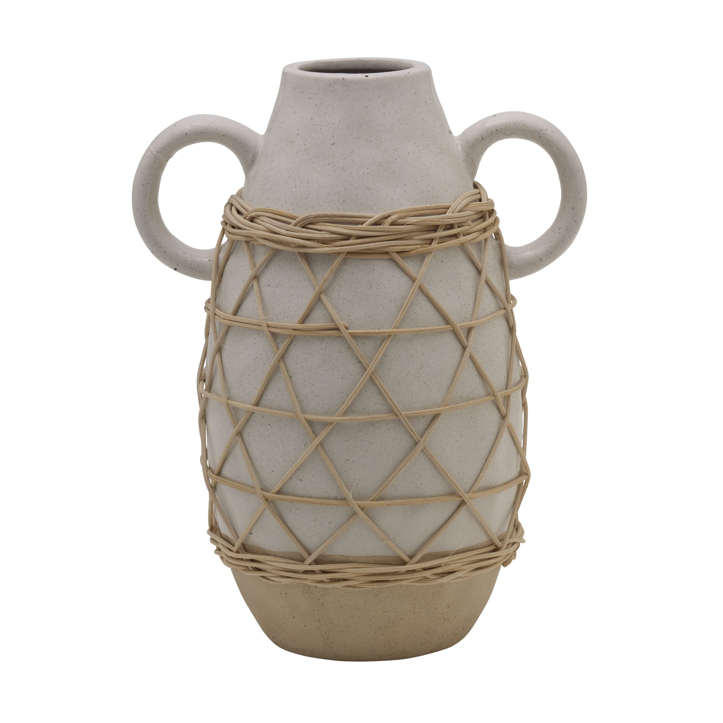 Handmade White Ceramic Vase with Rattan Weaving and Handles - 9 Inch Decorative Flower Pot for Home, Office, Wedding & Boho Decor