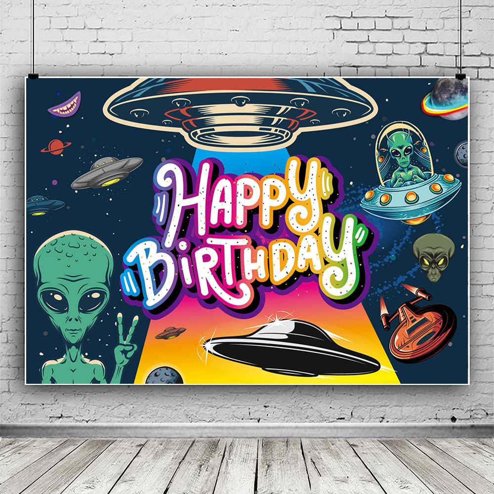 Funny UFO Happy Birthday Decorations Backdrop - Outer Space Alien UFO Theme Party Supplies (73'' x 50'') for UFO Lovers, Sci-Fi Birthday Party Decor, Wall Banner & Photo Booth Background