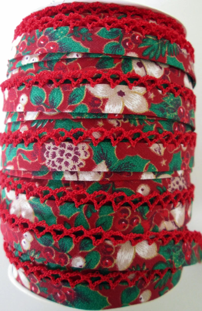 Christmas Floral Red Double Fold Crochet Edge Lace Bias Tape - 1 Yard for DIY Sewing, Quilting, Dressmaking & Holiday Decorations