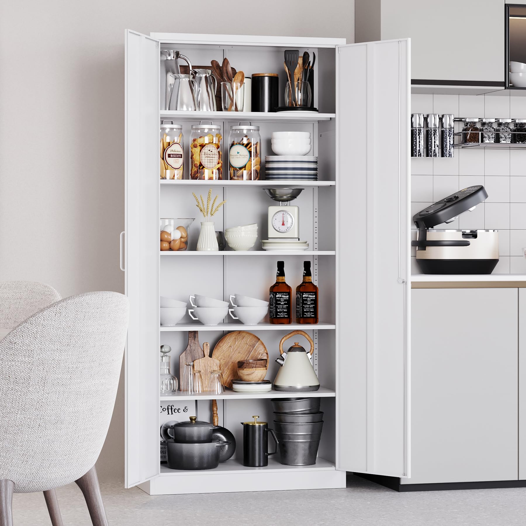 White Metal Storage Cabinet with 5 Adjustable Shelves & Locking Doors - 71
