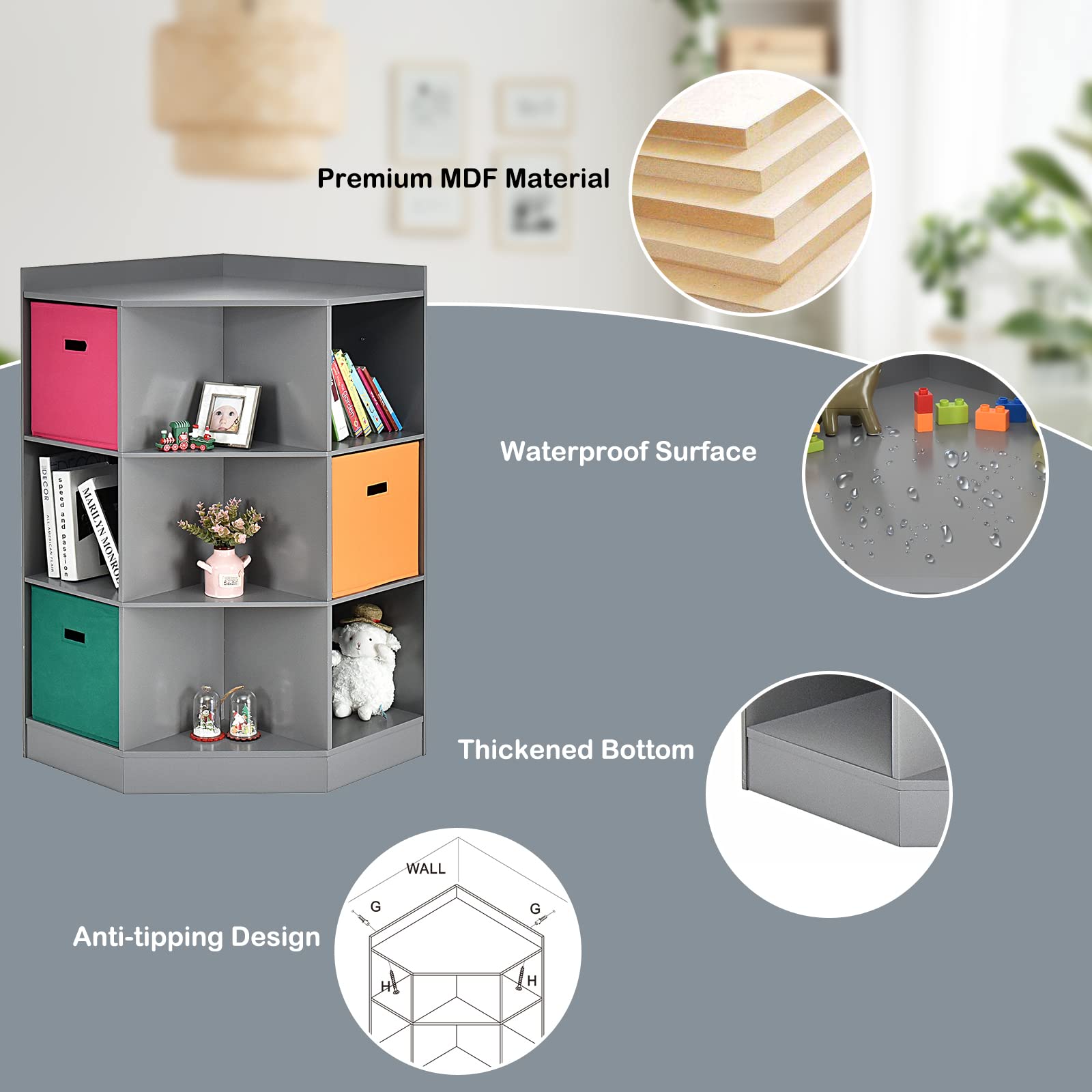 Costzon 9-Cubby Kids Bookcase with Extra Large Storage Baskets | Wooden Children's Organizer Shelf with 6 Cubes & 3 Shelves | Playroom & Nursery Storage Solution | Gray Kids Bookshelf for Toys, Books & Decor