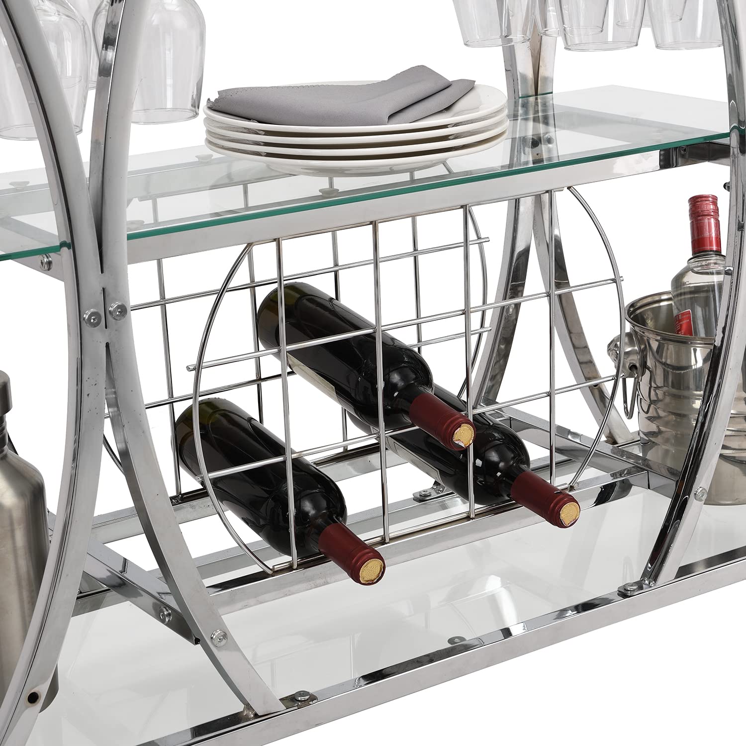 Yoluckea 3-Tier Glass Bar Cart with Wine Rack & Glass Holder - Tempered Glass Shelves, Lockable Wheels - Perfect for Home Bar, Kitchen Storage & Entertaining Guests