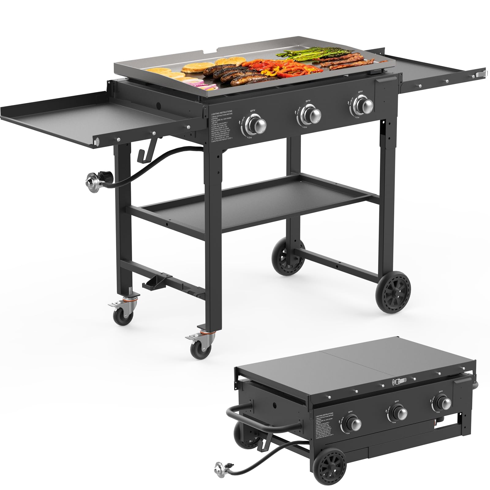 SKOK 31.5 Inch Foldable Outdoor Gas Griddle - 45000 BTU Portable Flat Top Grill with 3 Burners & Side Shelves | Perfect for Camping, Tailgating, and Backyard BBQs