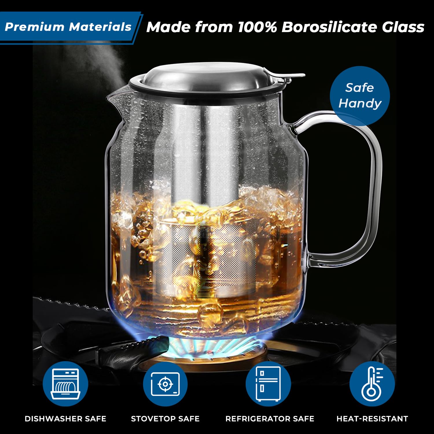 Premium 68oz Glass Teapot with Removable Stainless Steel Infuser - Stovetop & Dishwasher Safe Loose Leaf Tea Maker - Ideal for Home, Office & Tea Ceremonies