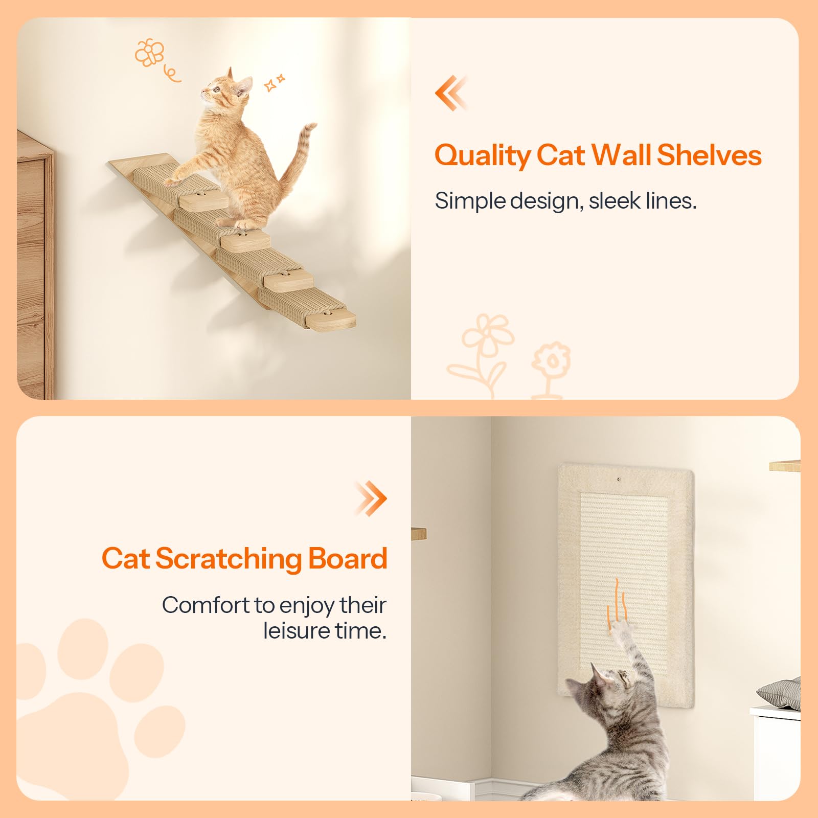 HOOBRO 5-Piece Wooden Cat Wall Shelves Set - Cat Climbing Furniture, Corridor, House, Plush Hammock & Scratching Board - Durable Natural Wood for Indoor Cat Play (Model NL45CS03) | Perfect for Small Spaces, Cat Exercise & Wall Decor