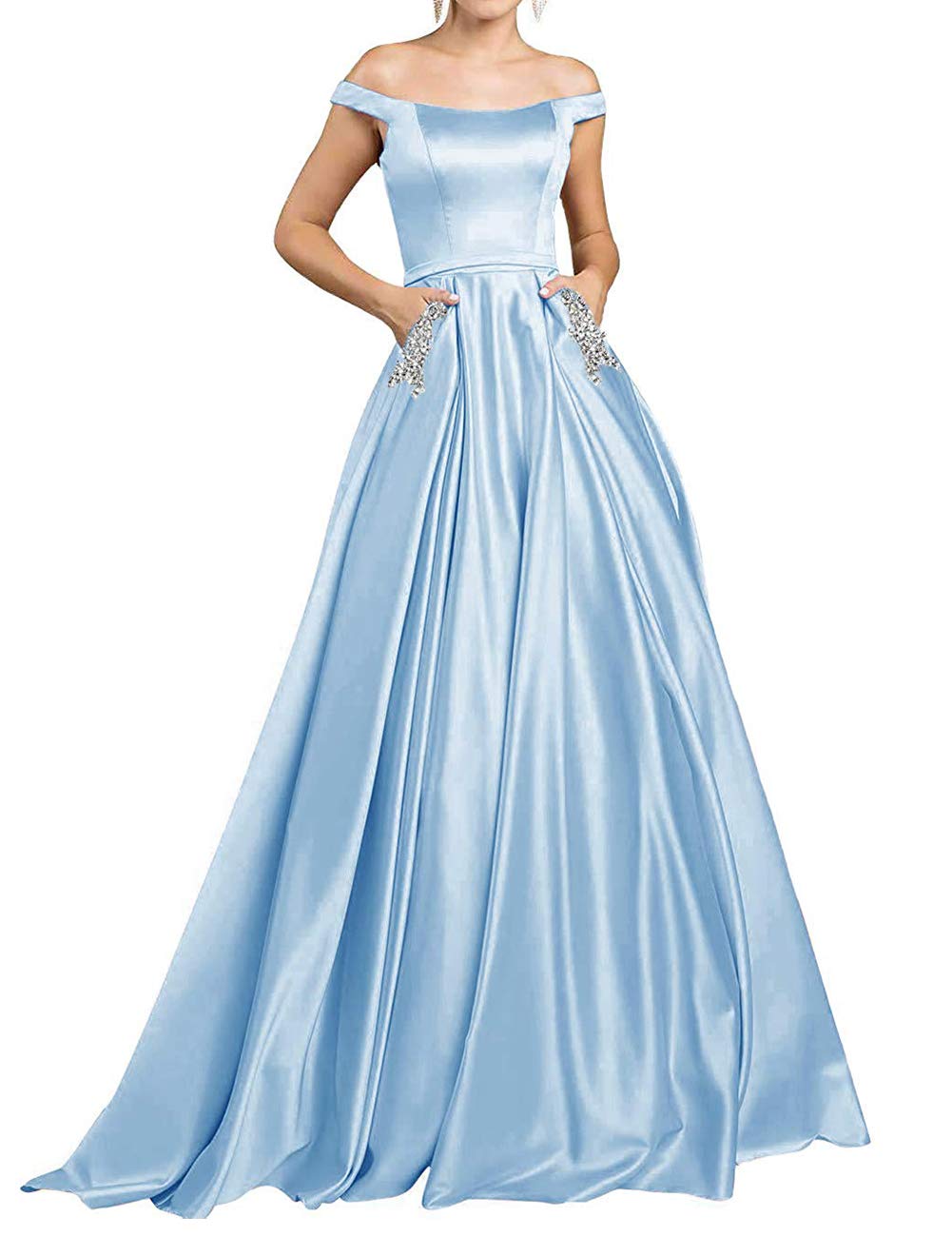 JAEDEN Long Formal Evening Gowns with Pockets | Off-Shoulder Prom Dresses for Women | A-Line Elegant Gowns for Homecoming, Wedding Guest & Black Tie Events