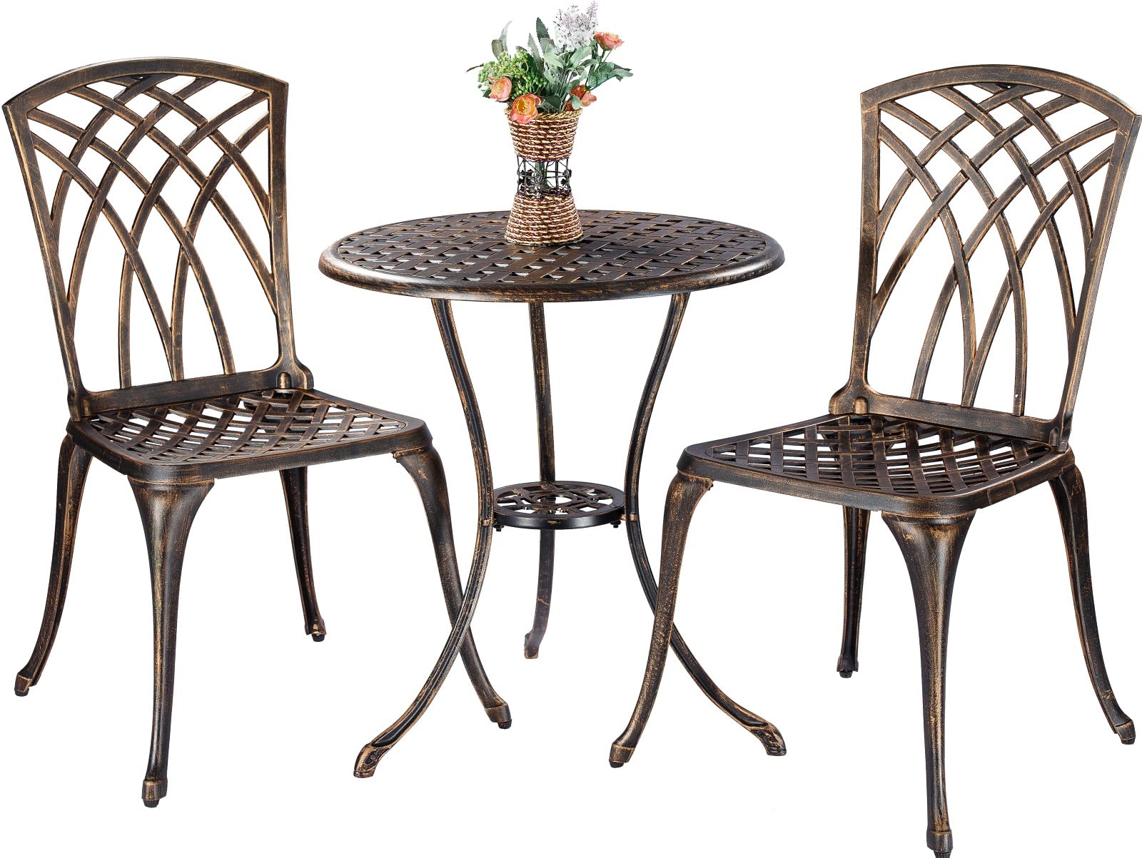3-Piece Cast Aluminum Bistro Set with 2 Chairs & Round Table - Outdoor Patio Furniture with Umbrella Hole - Perfect for Balcony, Garden, Poolside Dining & Backyard Relaxation (Bronze)