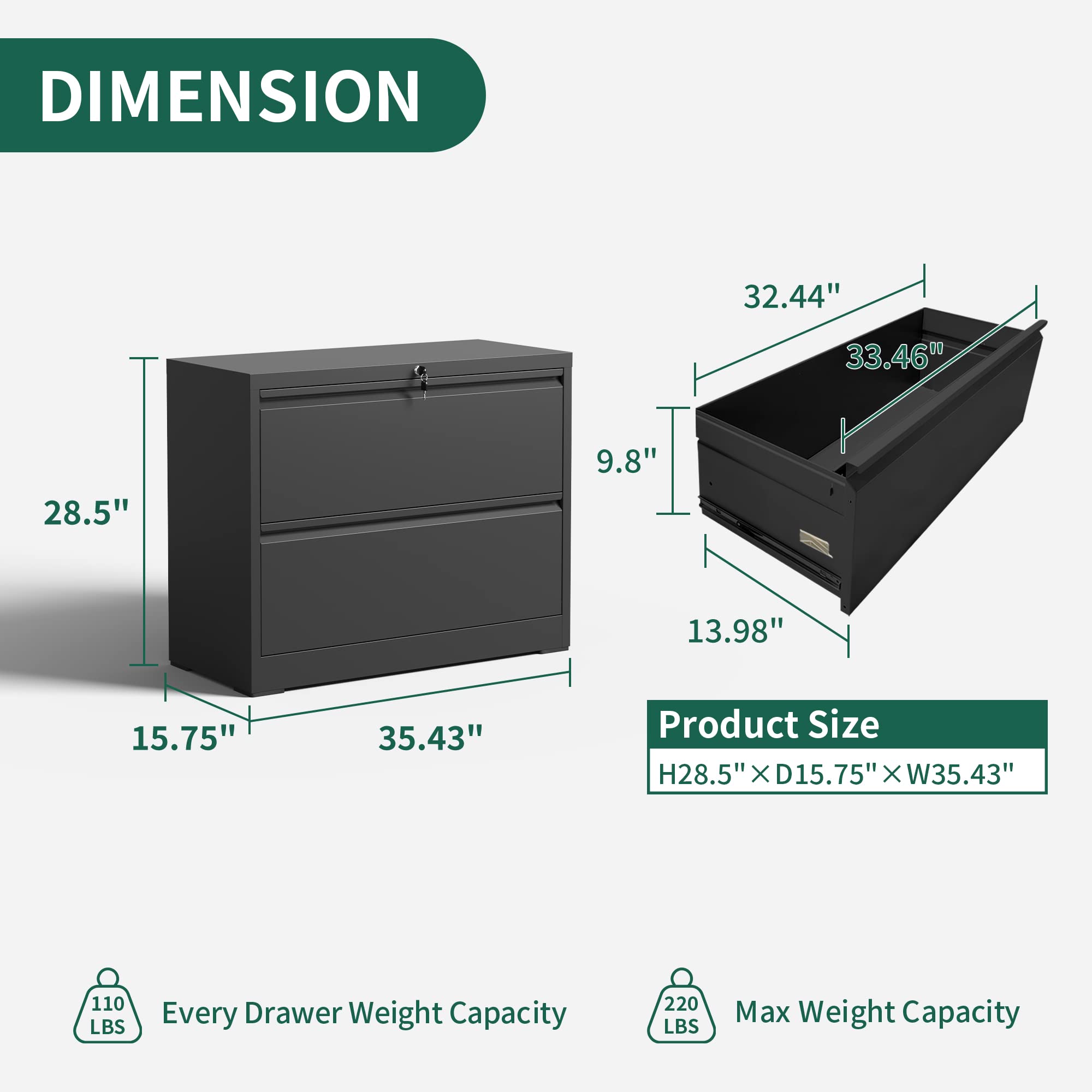 2-Drawer Lateral File Cabinet - Metal Home Office Storage for Legal/Letter/A4 Documents - Black File Cabinet with Assembly Required | Perfect for Organizing Office Files, School Papers & Home Documents