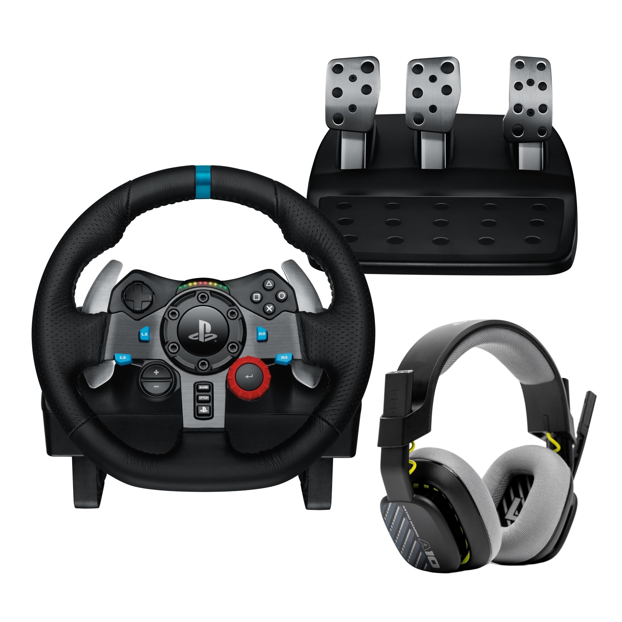 Logitech G29 Driving Force Racing Wheel & Pedals with Force Feedback & Real Leather - ASTRO A10 Gen 2 Wired Gaming Headset - Compatible with PS5, PS4, PC, Mac - Black - Perfect for Sim Racing & Gaming Setups