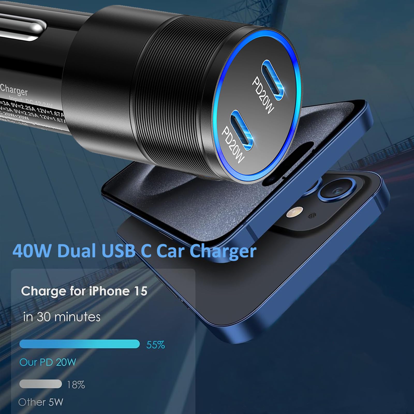 40W Fast Car Charger with Dual USB-C Ports & 20W Wall Charger - Compatible with iPhone 16/16 Plus/16 Pro/16 Pro Max/15/15 Pro Max & iPad - Includes 2 Pack 6ft Cables - Perfect for Road Trips & Daily Commuting