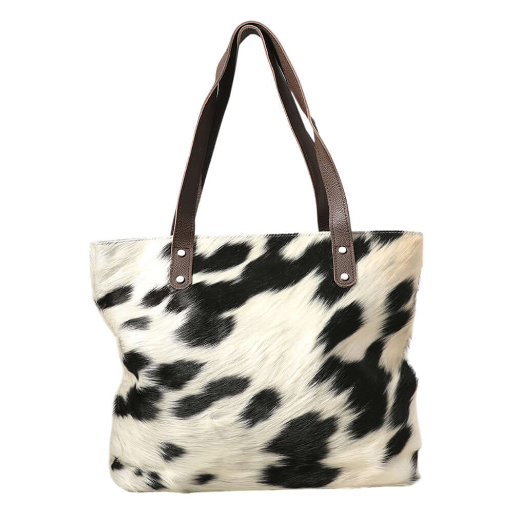 Luxury White Cow Print Genuine Calf Fur Tote & Shoulder Bag for Women - Fashionable Handbag for Work, Travel & Everyday Use