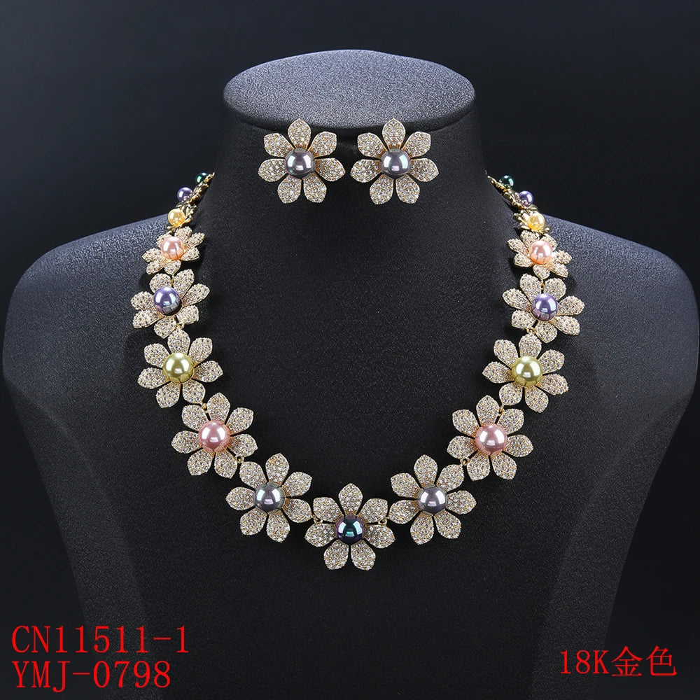 Luxury Cubic Zirconia Pearl Flower Necklace & Earrings Set - Bridal Wedding Jewelry for Women - Perfect for Weddings, Anniversaries & Special Occasions