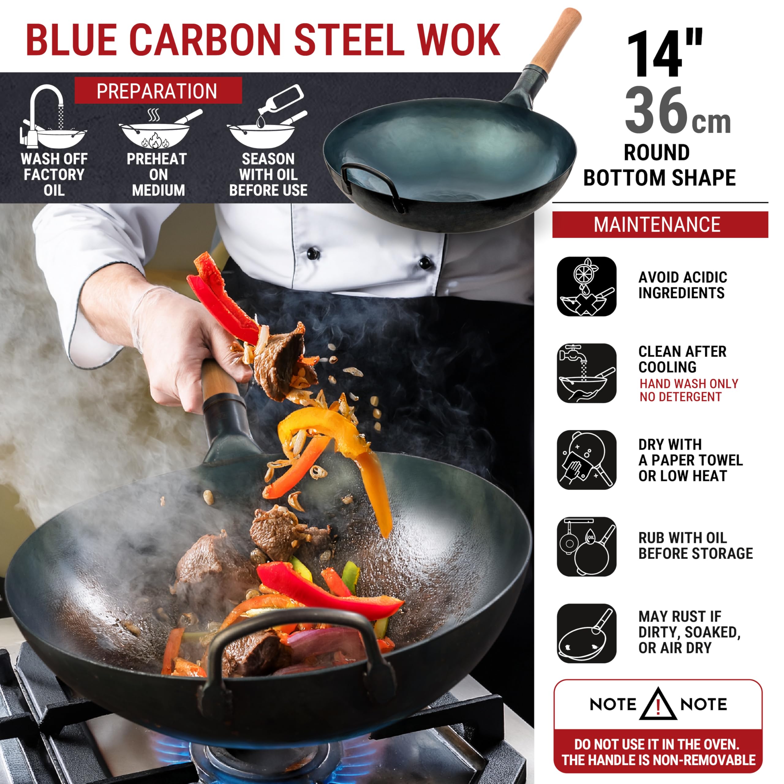 YOSUKATA 14 Inch Blue Round Bottom Carbon Steel Wok Pan - Traditional Chinese & Japanese Hammered Stir Fry Cookware - Perfect for Home Cooking, Asian Cuisine & Professional Chefs