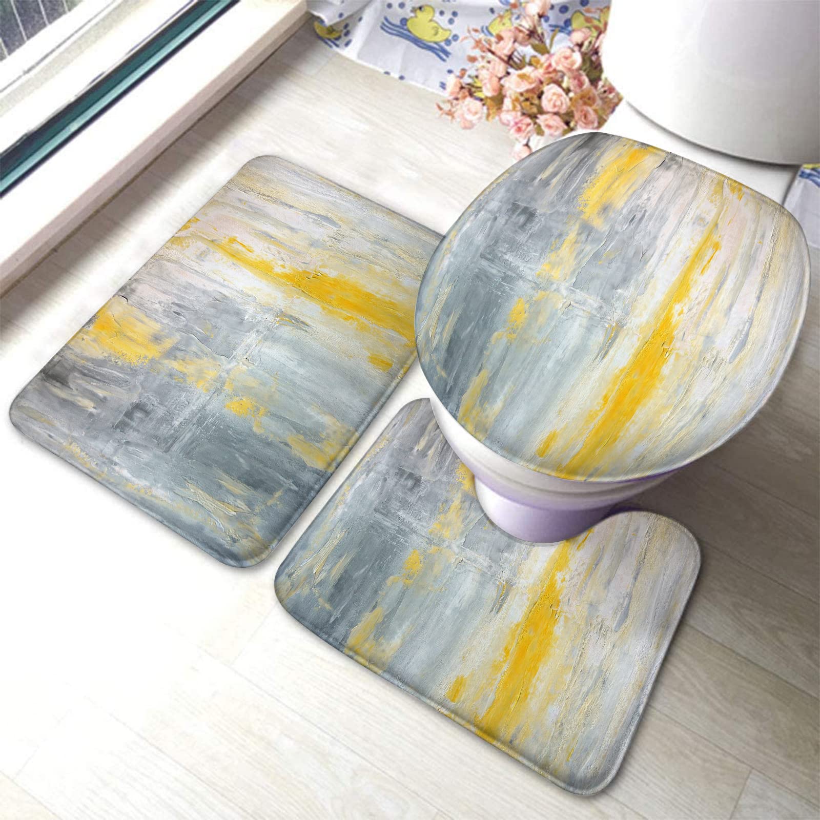 3-Piece Bathroom Rug Set - Non-Slip Grey & Yellow Abstract Art Bath Mats with Toilet Contour Mat & Lid Cover | Soft Absorbent Floor Mats for Bathroom, Shower & Vanity Area