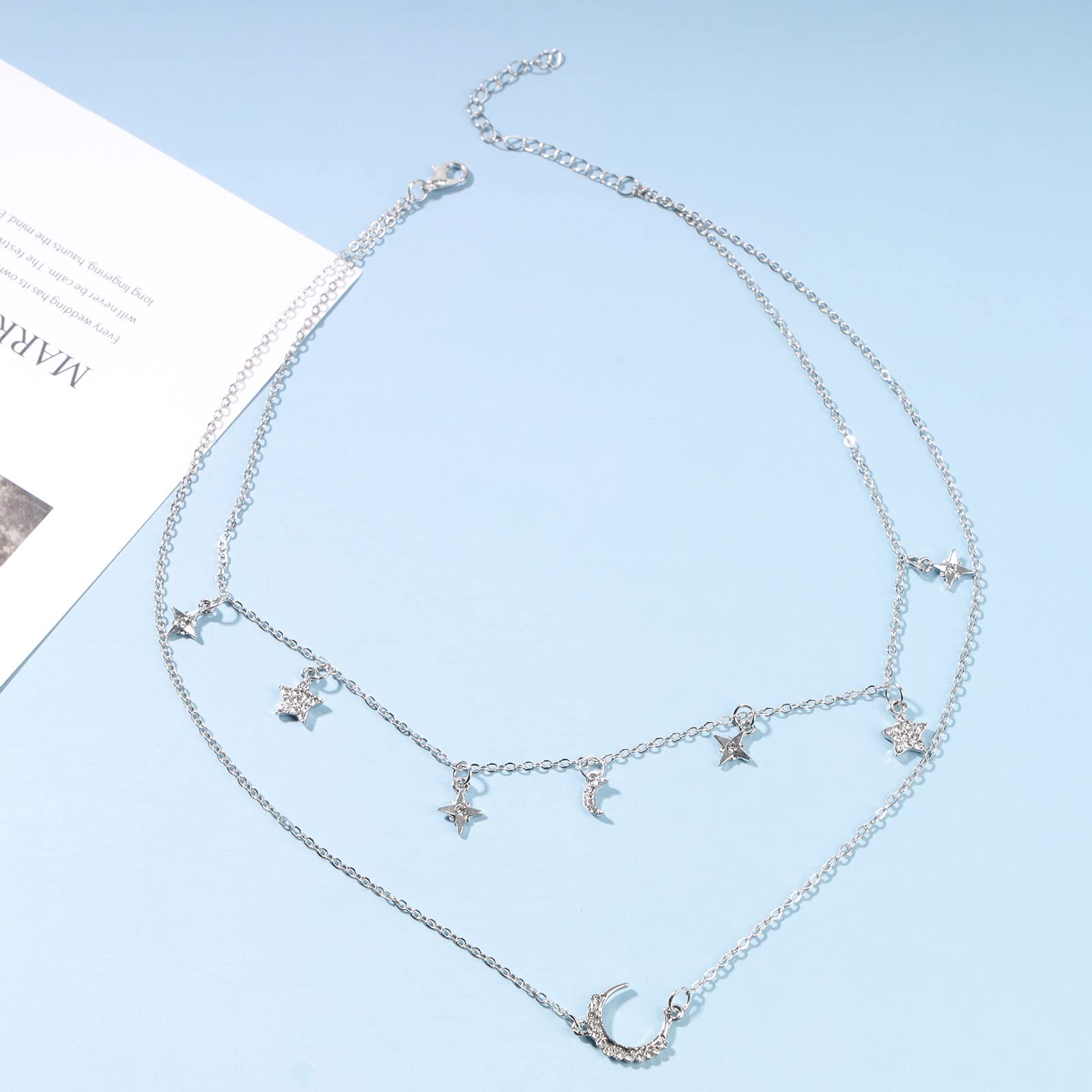 Boho CZ Moon & Star Necklace - Silver Layered Choker with Rhinestone Crescent Pendant | Women's Festival Jewelry for Concerts, Raves & Boho Fashion