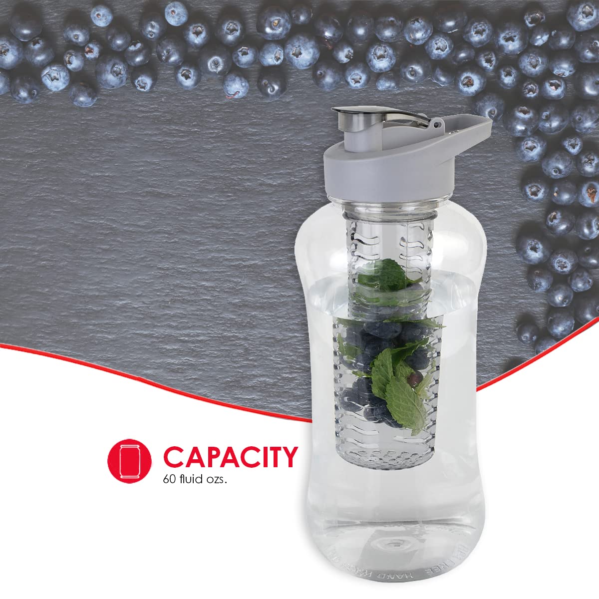Home Basics 60 oz. Plastic Infuser Water Bottle - Grey Travel Mug with Leak-Proof Lid - Perfect for Gym, Hiking & Office Use
