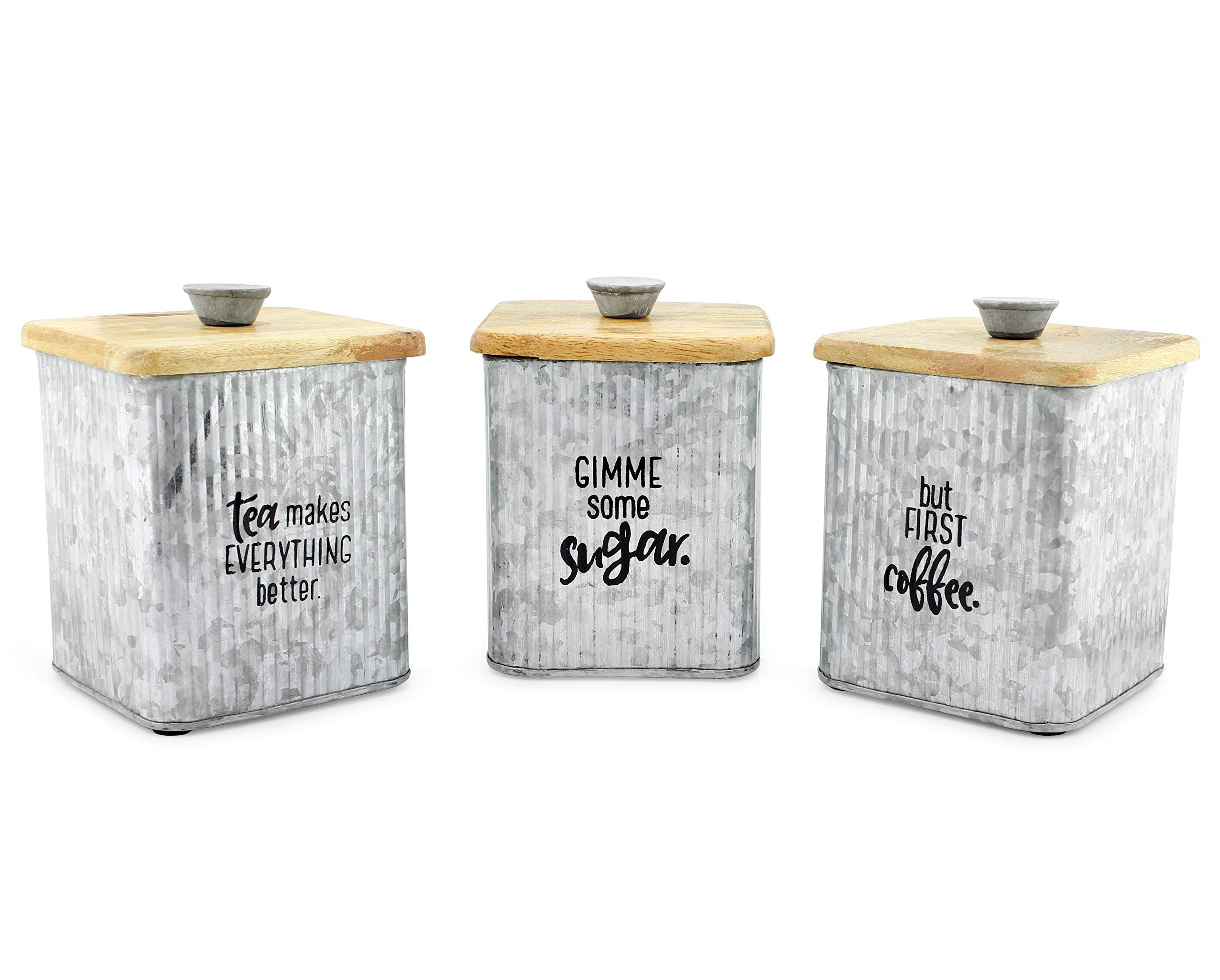 AuldHome 3-Piece Farmhouse Galvanized Canister Set - Rustic Wood & Metal Storage Containers for Coffee, Tea, Sugar - Kitchen Pantry Organization & Countertop Decor