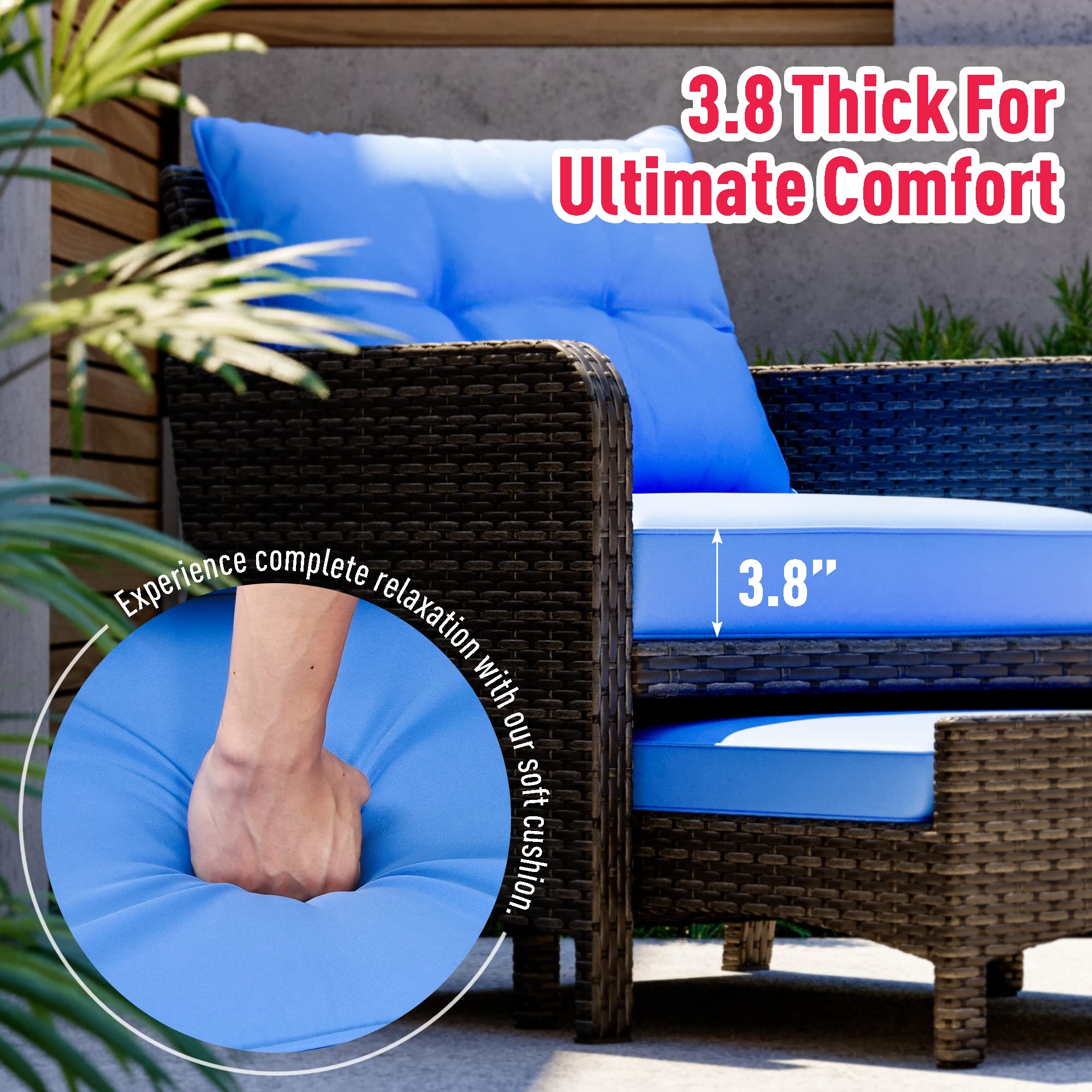 Pamapic 5-Piece Wicker Patio Furniture Set - Outdoor Rattan Chairs with Ottomans & Coffee Table - Blue Cushion & Black Wicker - Perfect for Porch, Garden, Balcony, Backyard, and Poolside Relaxation