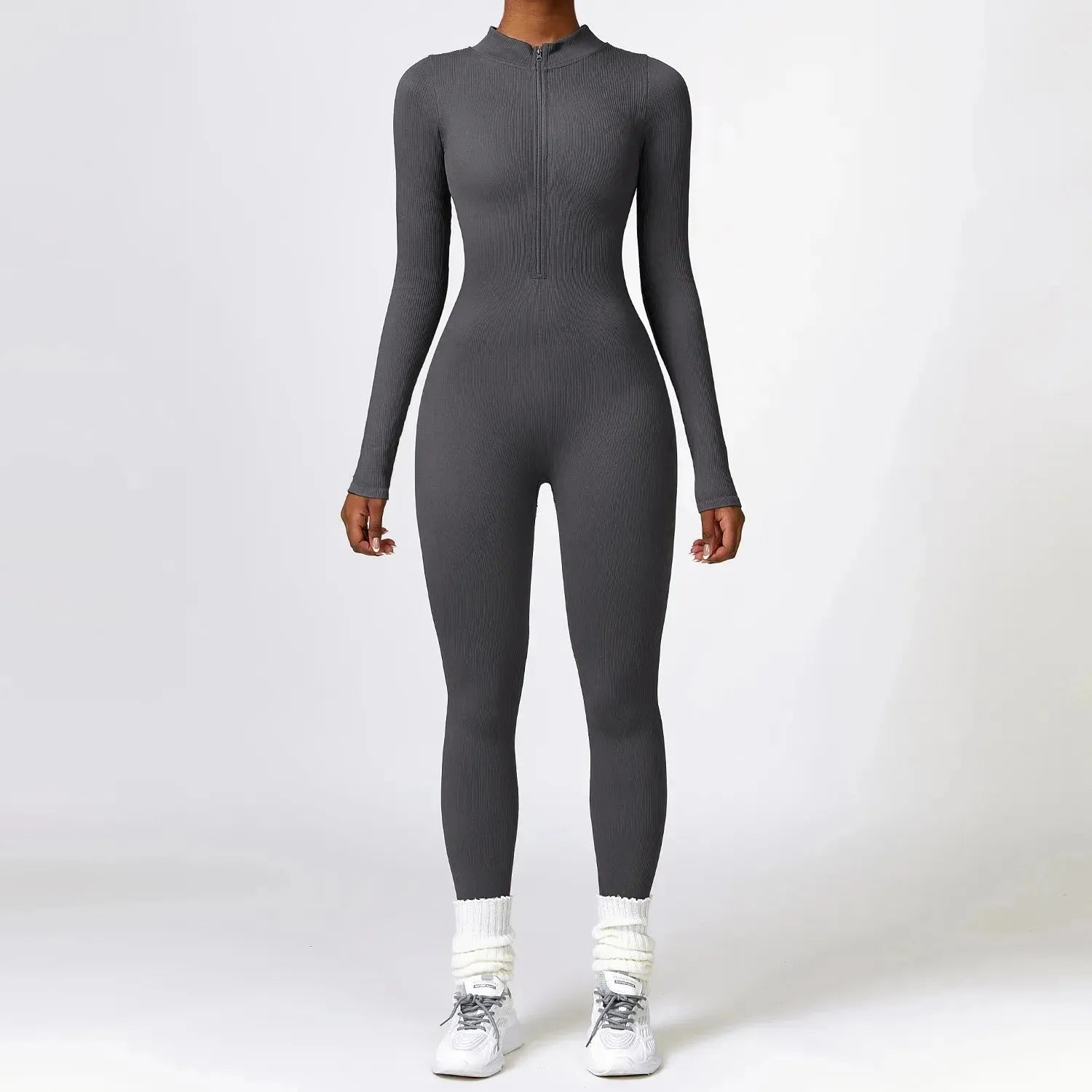 Women's Ribbed Jumpsuit One Piece with Zipper - Long Sleeve Yoga Outfit, Gym Push Up Workout Clothes, Fitness Bodysuit & Sportswear Tracksuit for Yoga, Running, Gym & Casual Wear