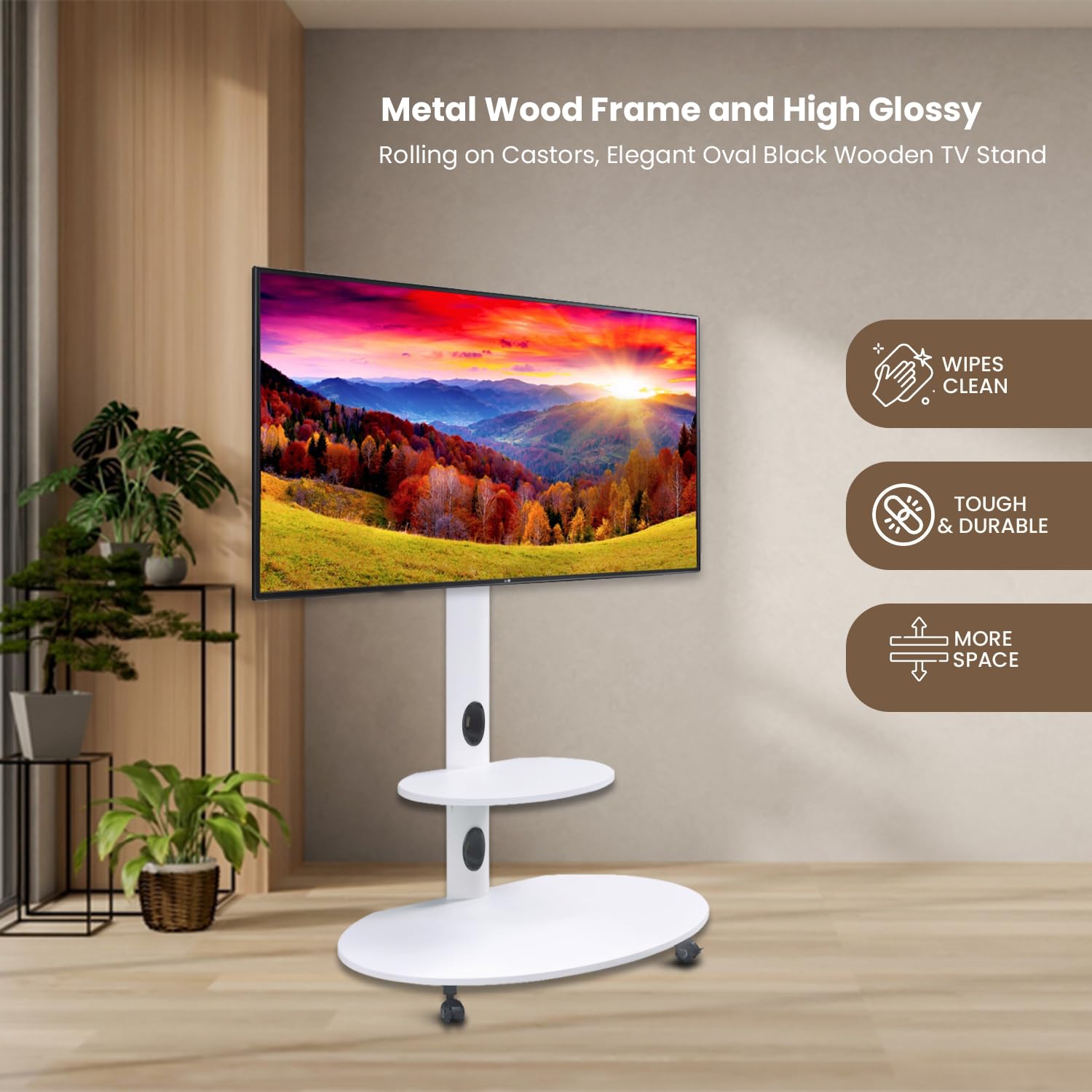 Adjustable Height Wooden & Metal Mobile TV Stand with Wheels for 65 Inch LED/Smart TV - White Oval Trolley TV Unit for Living Room, Bedroom & Home Theater