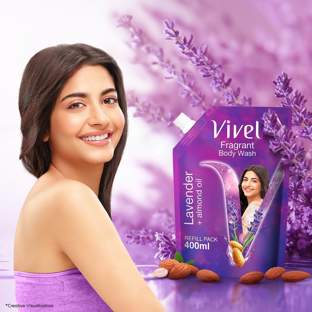 Viv.l Fragrant Body Wash - Lavender & Almond Oil Shower Gel (13.5 Fl Oz) | Moisturizing Bodywash for Soft & Smooth Skin | Effective Cleansing for Women & Men | Supersaver Refill Pouch | Perfect for Daily Shower Routine & Relaxing Bath Time