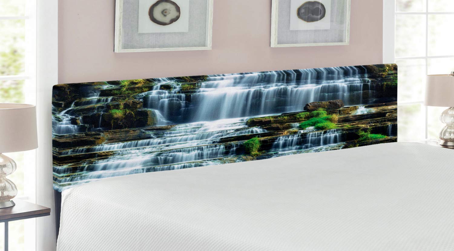 Ambesonne Rainforest King Size Headboard - Tropical Jungle Waterfall Scenic Upholstered Metal Bed Headboard with Memory Foam, Green & White Countryside Style - Perfect for Bedroom Decor, Guest Rooms & Nature-Themed Interiors