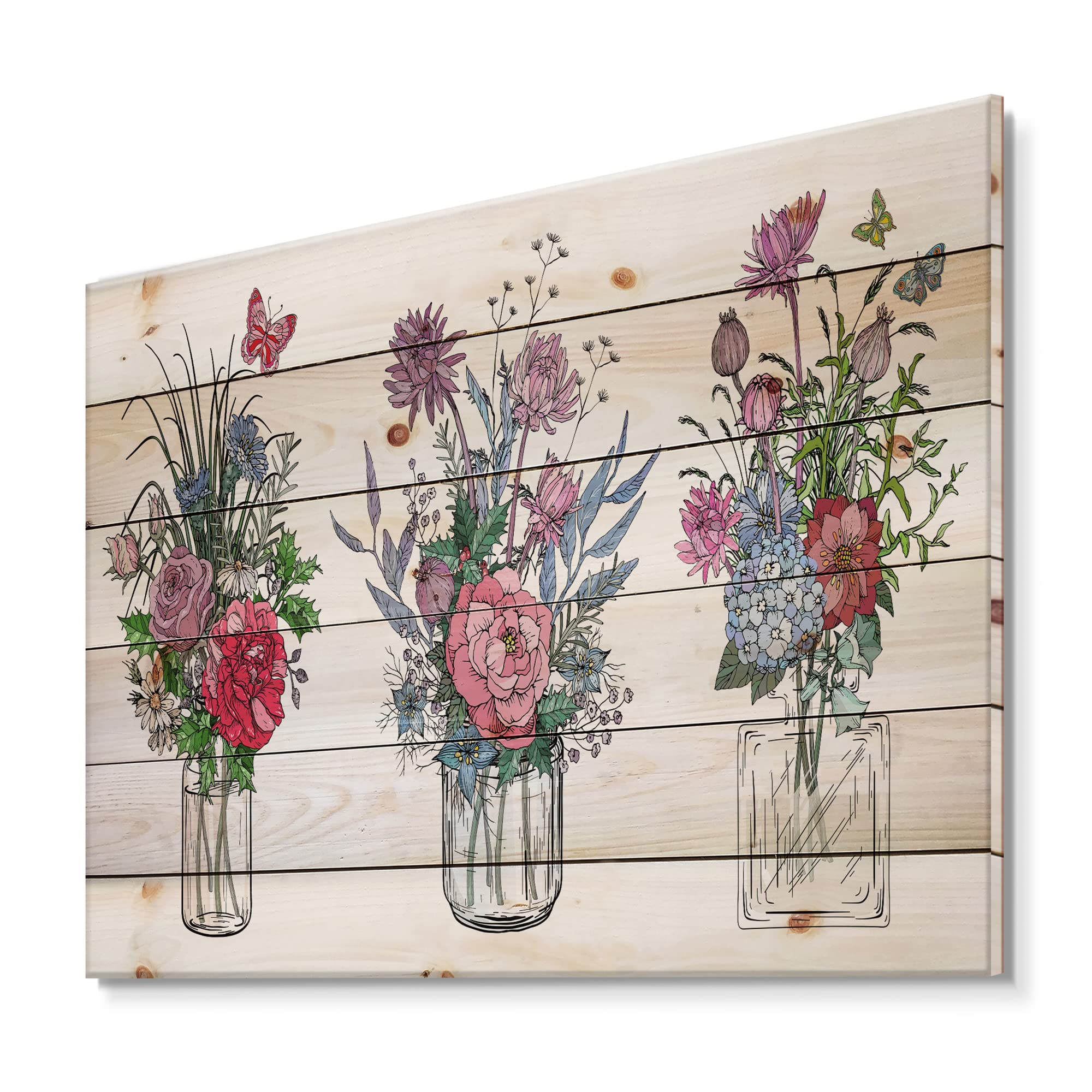 Farmhouse Wood Wall Decor - Bouquets of Wildflowers in Transparent Vases - Large Floral Wood Wall Panels Printed on Natural Pine - Rustic Red Wood Wall Art for Living Room, Bedroom & Home Office Decor