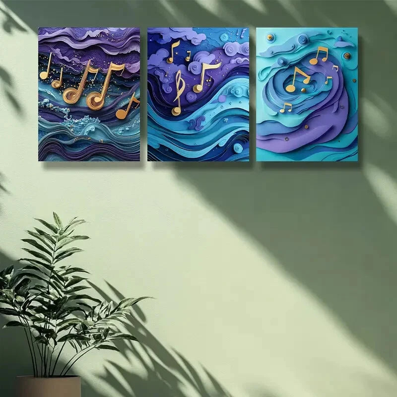 3-Piece Purple Note Art Painting Metal Print - Ready to Hang Wall Decor for Living Room, Bedroom & Office