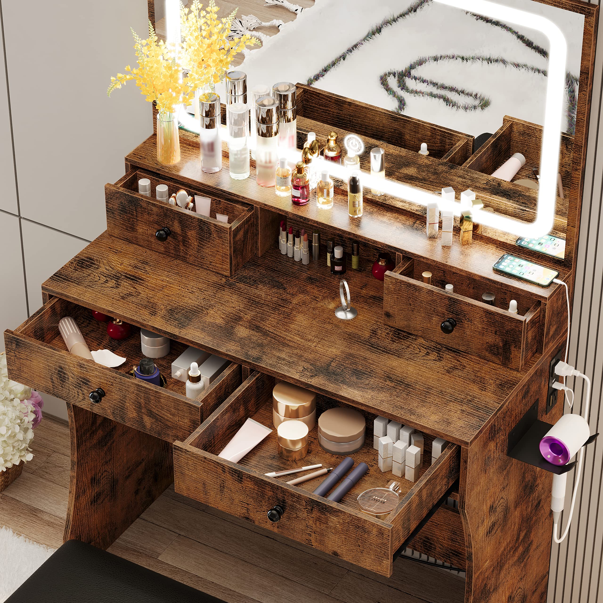 LIKIMIO Vanity Desk with LED Lighted Mirror, Power Outlet, 4 Drawers & Stool - Vintage Brown Dressing Makeup Table Set with Hair Dryer Stand | Perfect for Bedroom, Bathroom & Salon Organization