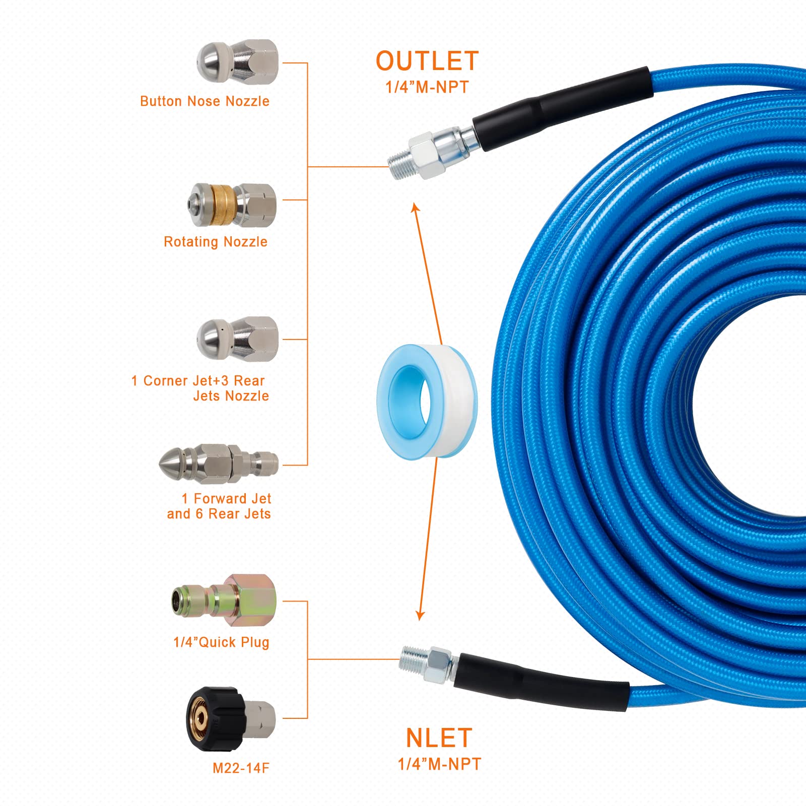 100 FT Sewer Jetter Kit for Pressure Washer - 5800PSI High-Pressure Water Drain Cleaner Hose with 1/4 Inch NPT Corner & 4 Jetting Nozzles - Includes Pearl Corsage Pin, Waterproof Tape, Handle Strap & 2 Spanners (Blue) - Perfect for Clogged Drains, Sewer Lines & Pipe Cleaning
