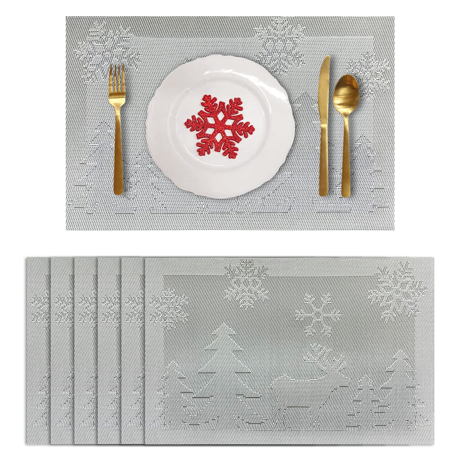 6-Pack Christmas Reindeer Silver Woven Vinyl Non-Slip Placemats - Washable & Anti-Skid Table Mats for Kitchen Dining, Holiday Decor & Family Gatherings