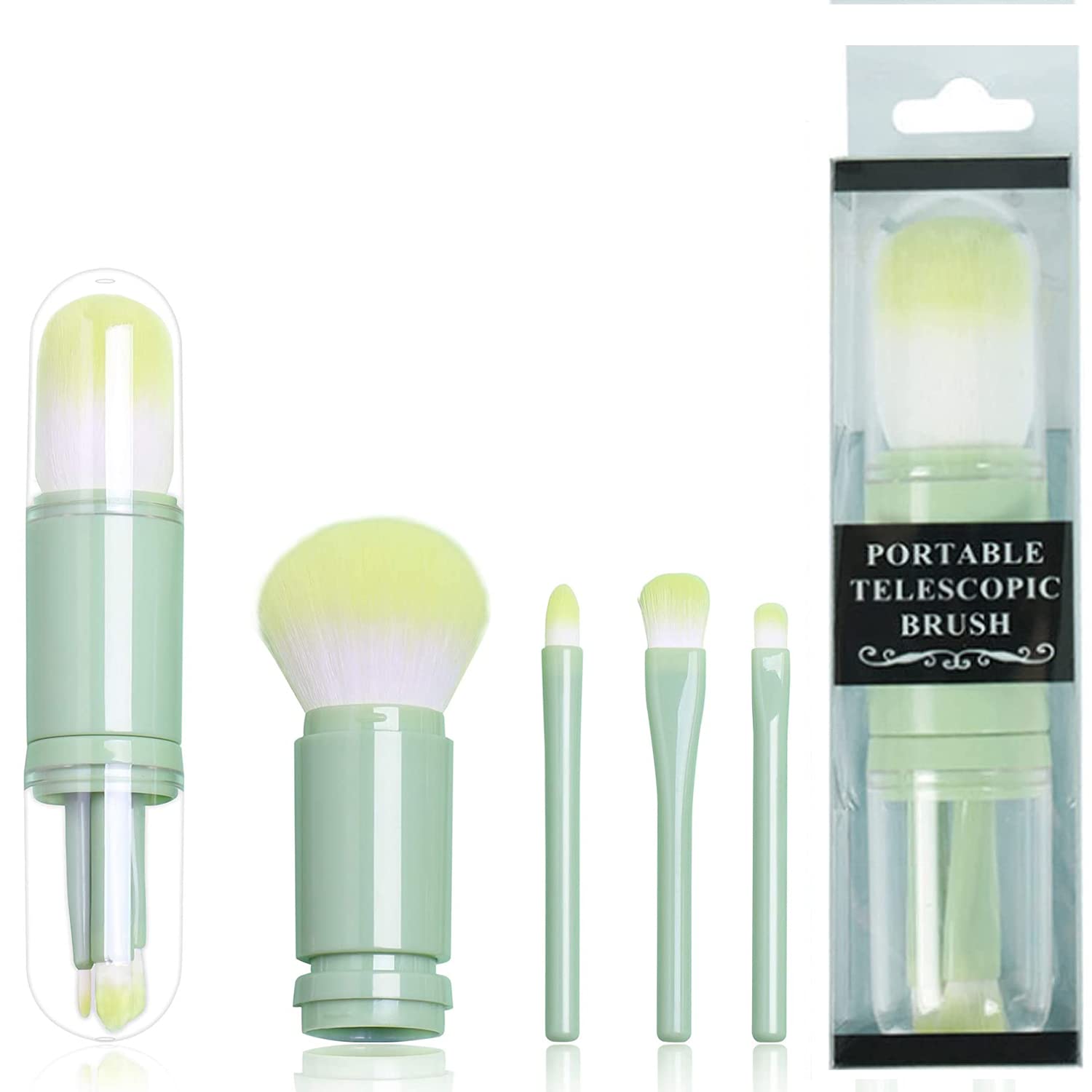 4 in 1 Retractable Mini Makeup Brush Set with Cleaner Box - Portable Travel Cosmetic Brushes for Foundation, Blush & Eyeshadow - Green Beauty Tools for On-the-Go Makeup Touch Ups