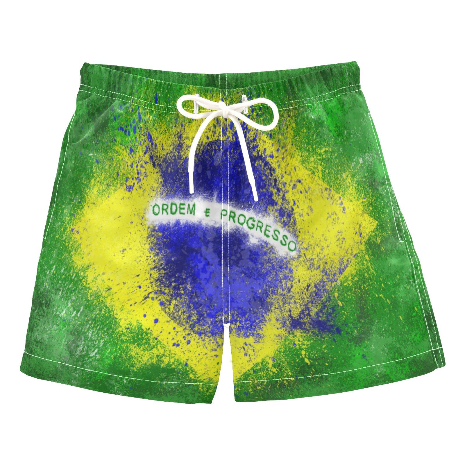 AMICHIC Boys Brazilian Flag Swim Trunks with Mesh Lining - Quick Dry Swim Shorts for Beach, Pool & Water Sports - Adjustable Waist & Comfort Fit