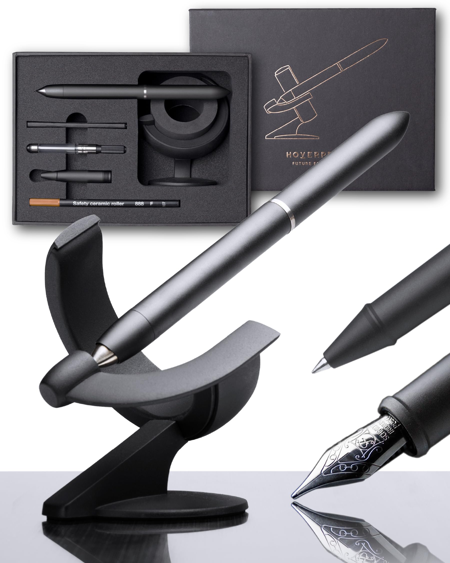 Novium Hoverpen Future Edition - Premium Fountain & Rollerball Pen Set with Fine Nib, Aerospace Metal Body, Futuristic Design in Deep Black - Executive Gift Box for Boss, Professionals & Special Occasions - Perfect for Office, Business Meetings & Luxury Gifting