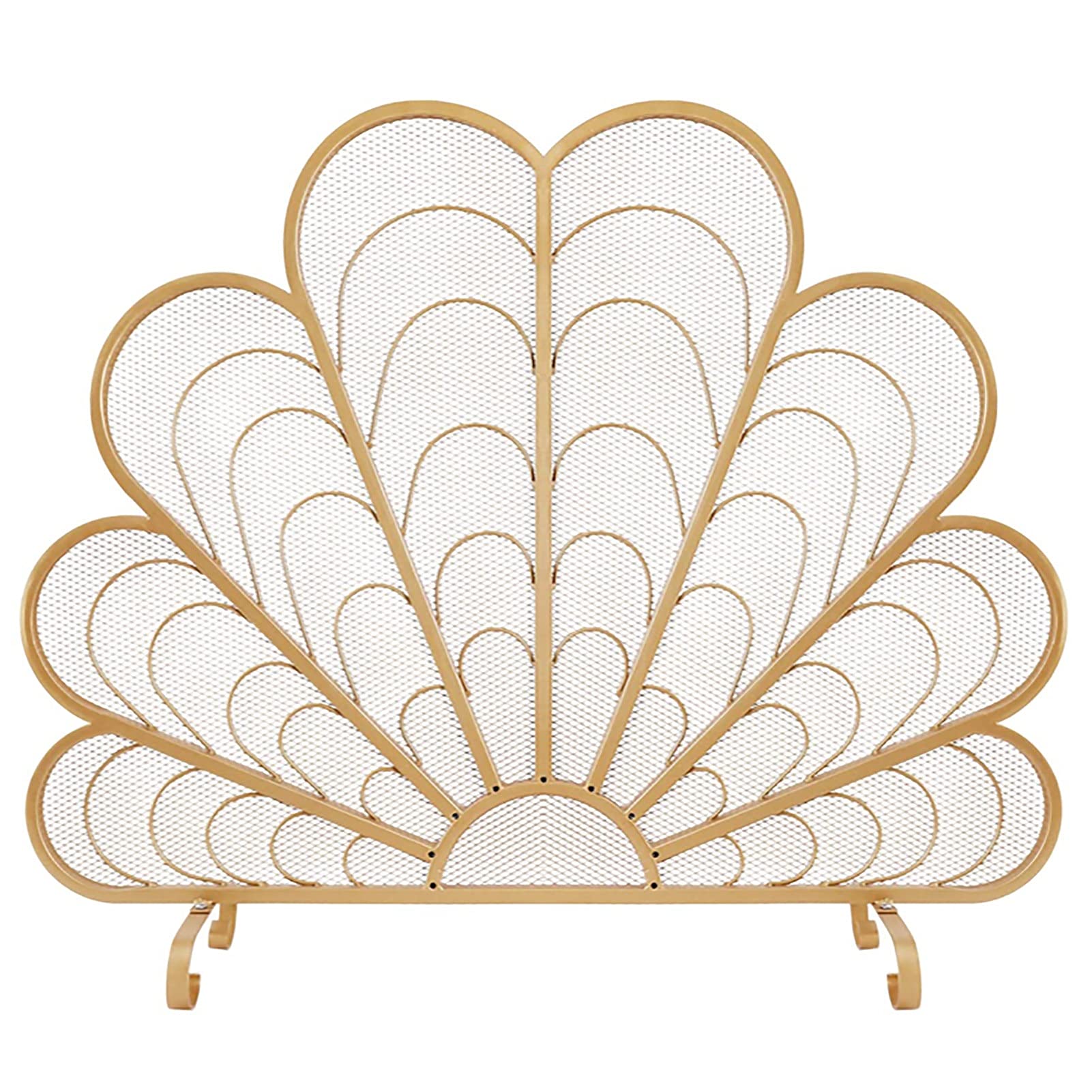 Gold Peacock Feather Fireplace Screen - 32 Inch Tall Single Panel Mesh Spark Guard for Living Room | Elegant Home Decor & Fireplace Safety Accessory