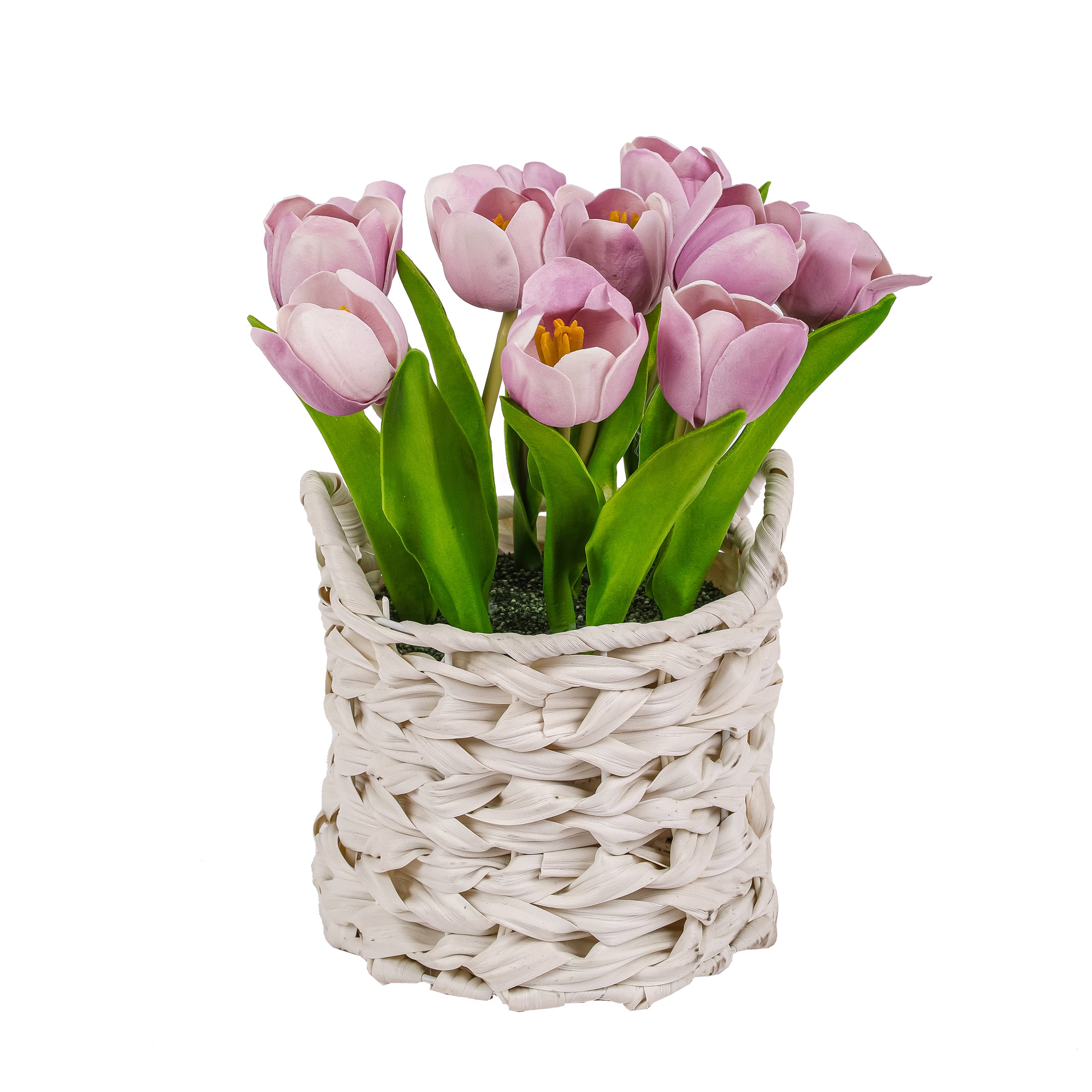 10 Inch Spring Mauve Tulip Bouquet in White Basket - Perfect for Home Decor, Wedding Centerpieces & Gift Giving