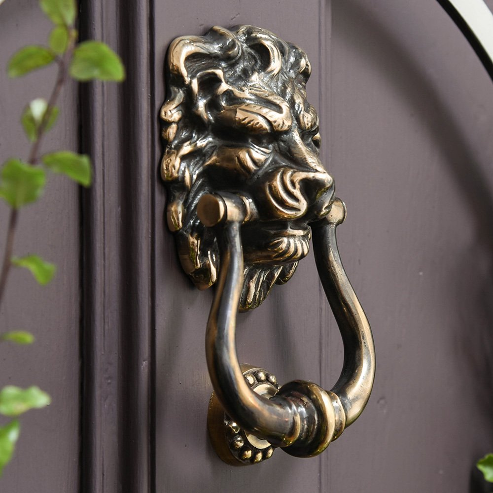 Vintage Polished Antique Brass Lion Head Door Knocker - Elegant Home Decor for Front Doors, Gates & Traditional Entryways