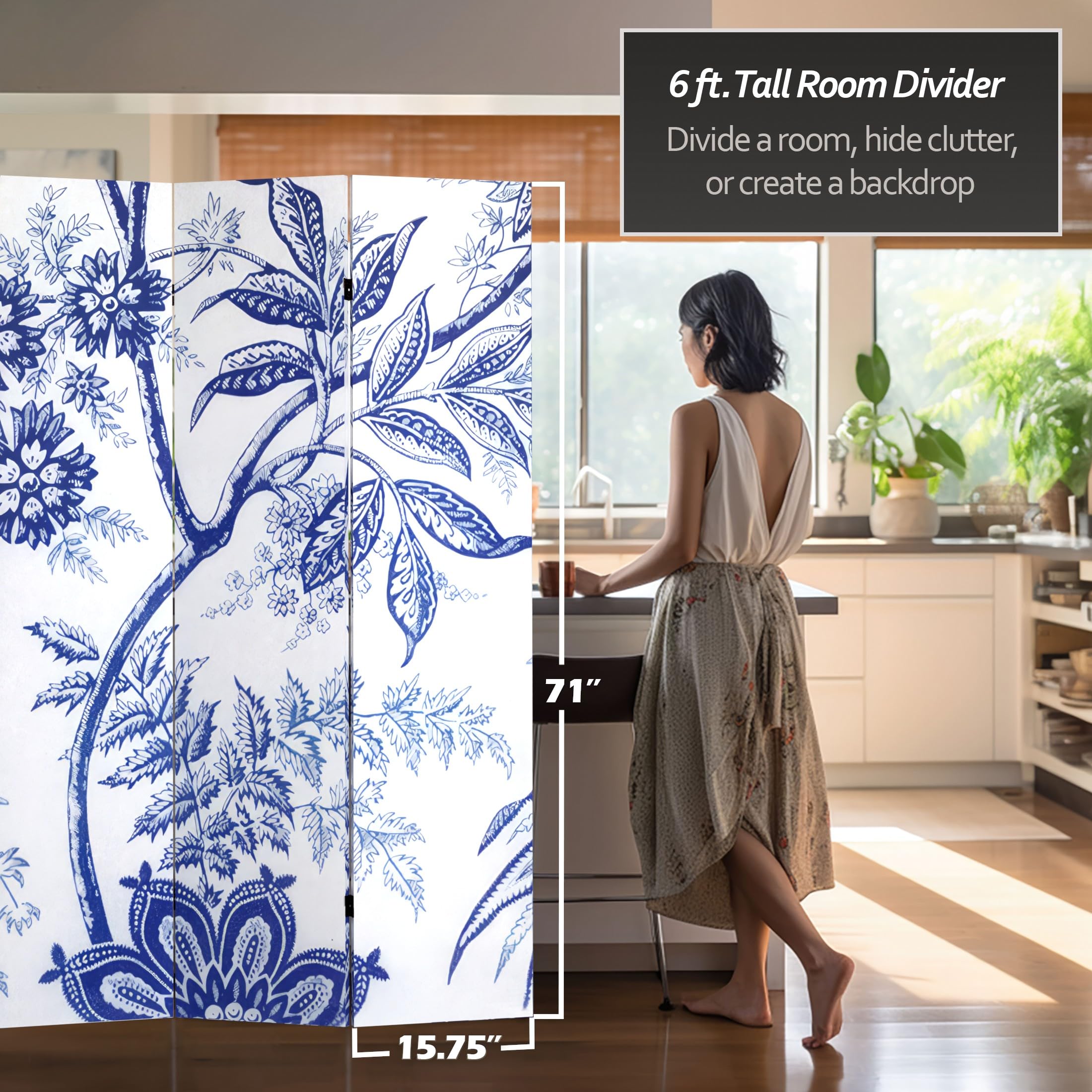 6 ft. Tall Blue Toile Double Sided Folding Room Divider Screen - 3 Panel Privacy Partition for Home, Office & Event Decor - 71 Inch Height for Versatile Space Separation