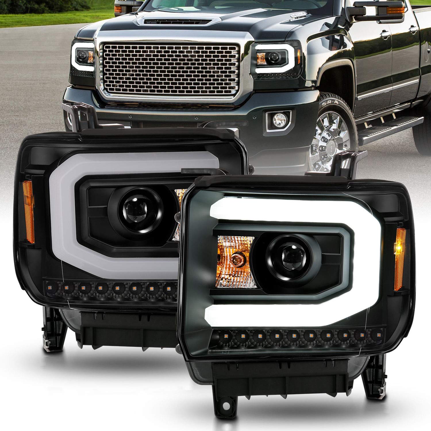 ANZO (111513) 2014-2015 GMC Sierra 1500 Projector Headlights with LED Light Bar - Black Housing Halogen Headlights for Enhanced Night Driving & Off-Road Visibility