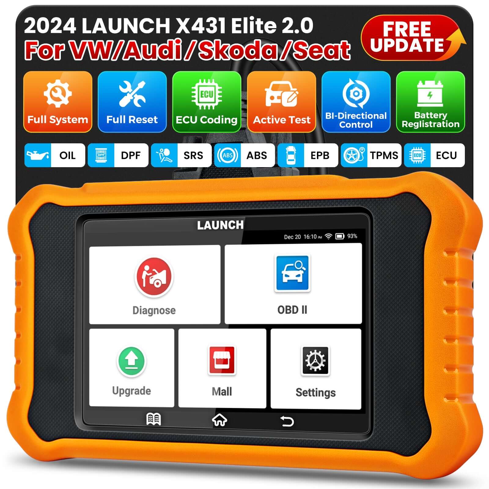 LAUNCH X431 Creader Elite 2.0 OBD2 Scanner for Audi - Bi-Directional Diagnostic Tool with SRS/DPF/Oil Reset - Code Reader for VW, Audi, Bentley, Skoda, Bugatti, Lamborghini, Seat - Professional Car Diagnostic Scanner for Mechanics & DIY Auto Repair