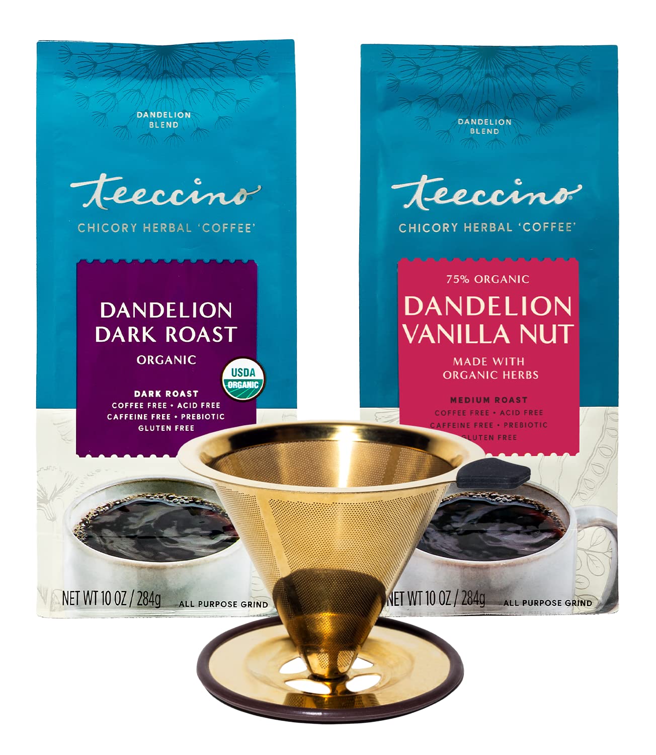 Teeccino Pour Over Coffee Maker with 2 (Two) 11 Ounce Bags of Dandelion Coffee Alternative - Dark Roast & Vanilla Nut – Caffeine Free, Acid Free, Prebiotic, Stainless Steel Gold Coffee Dripper | Perfect for Home Brewing, Office Use & Gift Giving