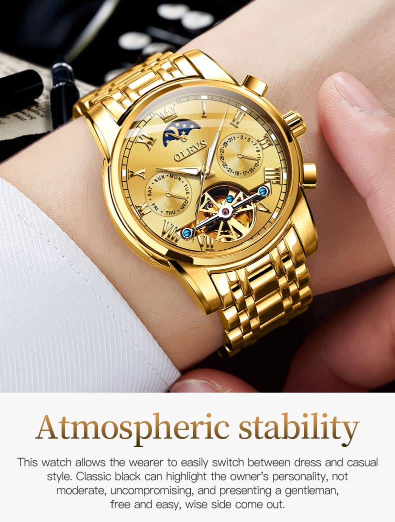 OLEVS Automatic Couple Watches for Men and Women - His and Hers Matching Mechanical Self-Winding Tourbillon Dress Watches with Day Date Calendar, Big Face, Two Tone - Perfect Anniversary Gift for Couples, Wedding Present, Romantic Date Night Accessories