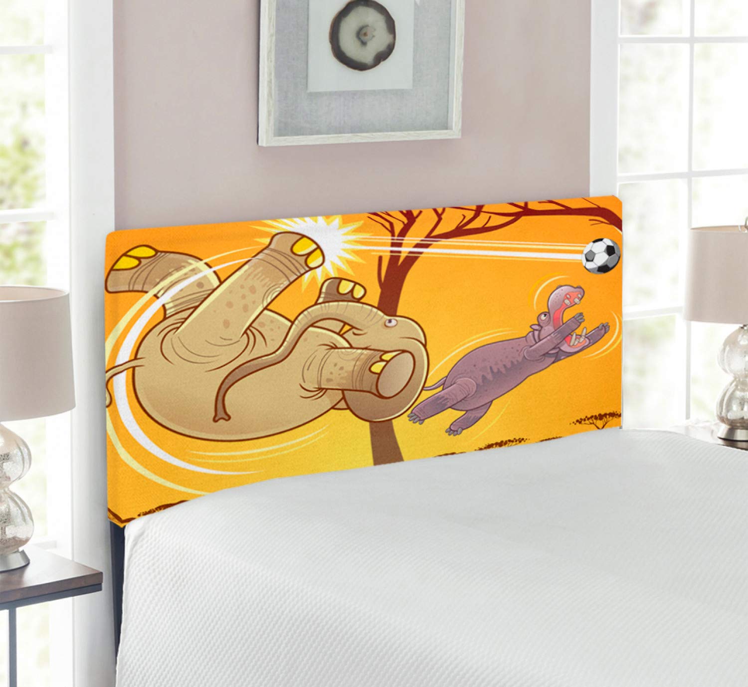 Ambesonne Twin Size Upholstered Elephant Headboard - Cartoon Print Elephant & Hippo Playing Football, Decorative Metal Bed Headboard with Memory Foam in Orange Umber Purple | Perfect for Kids' Bedroom, Nursery Decor & Animal Theme Rooms