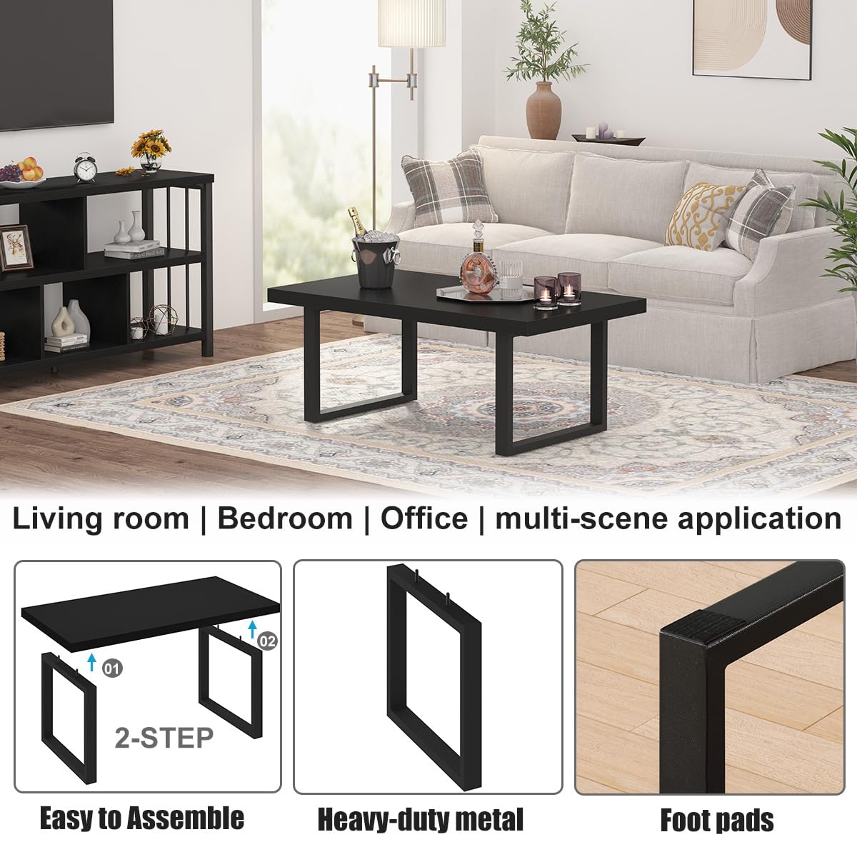 IBF Black Coffee Table - Minimalist Industrial Wooden Center Table for Living Room, Modern Rectangle Farmhouse Cocktail Table with Metal Frame, Home Office Bedroom Furniture, Black Oak Finish, 39 Inch - Perfect for Small Spaces, Apartments & Cozy Gatherings
