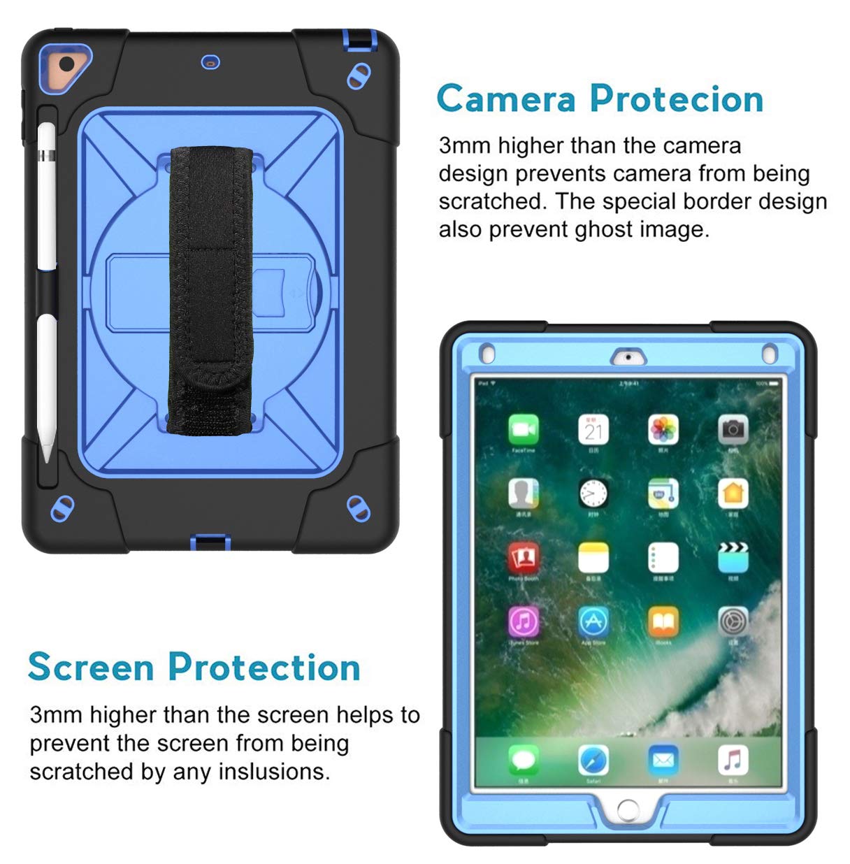 360 Rotating Handle Stand Case for iPad Air 2/Pro 9.7 (2016) & iPad 6th/5th Gen (2017/2018) - Shockproof with Kickstand, Pencil Holder & Shoulder Strap (Black+Blue) | Perfect for Work, Travel & School Use