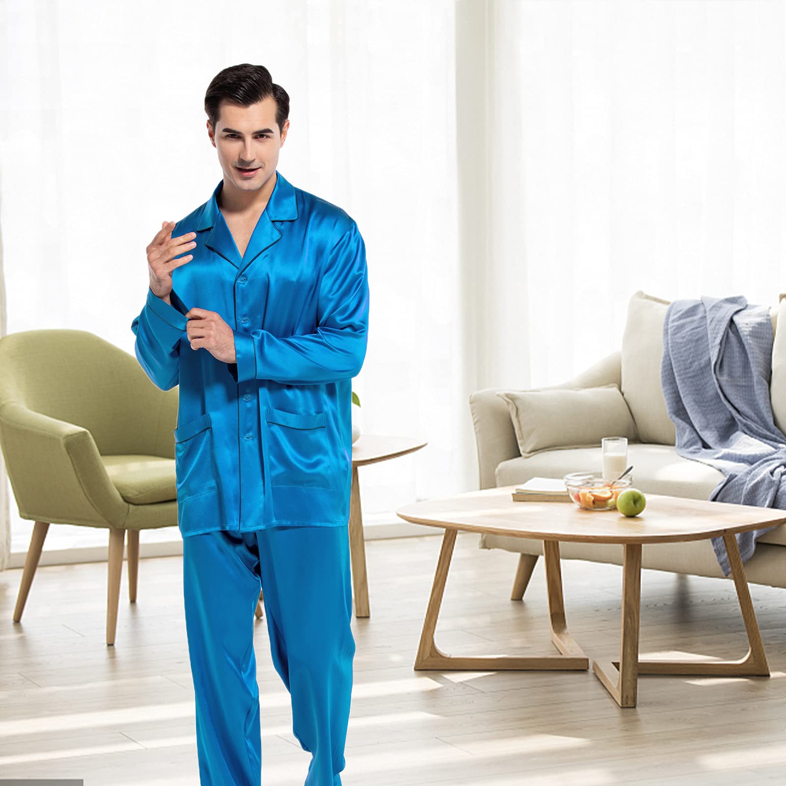 Luxury Men's Silk Pajama Set - 100% Pure Silk Long Sleeve Button Down Sleepwear for Men - Soft & Breathable 2-Piece Pajamas - Perfect for Lounging, Sleep & Relaxation at Home